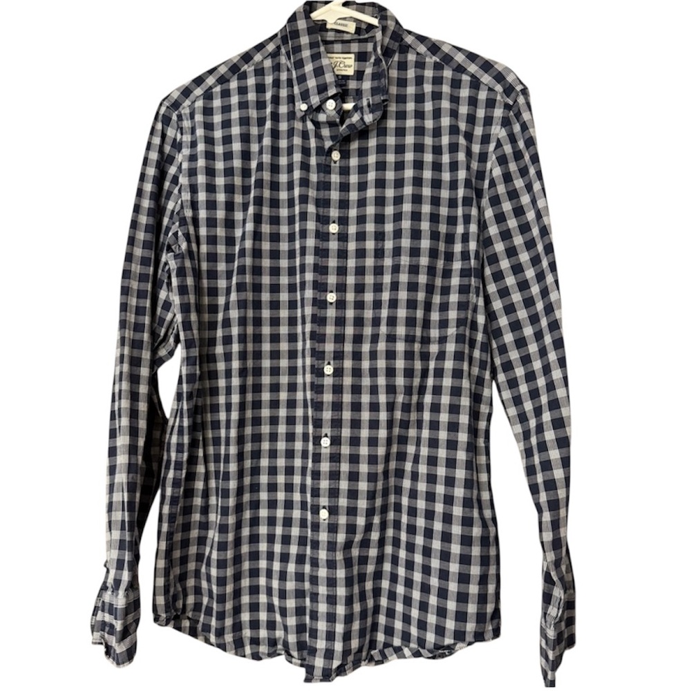 J.Crew Secret Wash Stretch Shirt Mens Small Navy White Gingham Classic‎ Fit